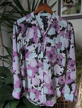 Floral Aqua & Violet Blouse, Tab sleeves, Button down